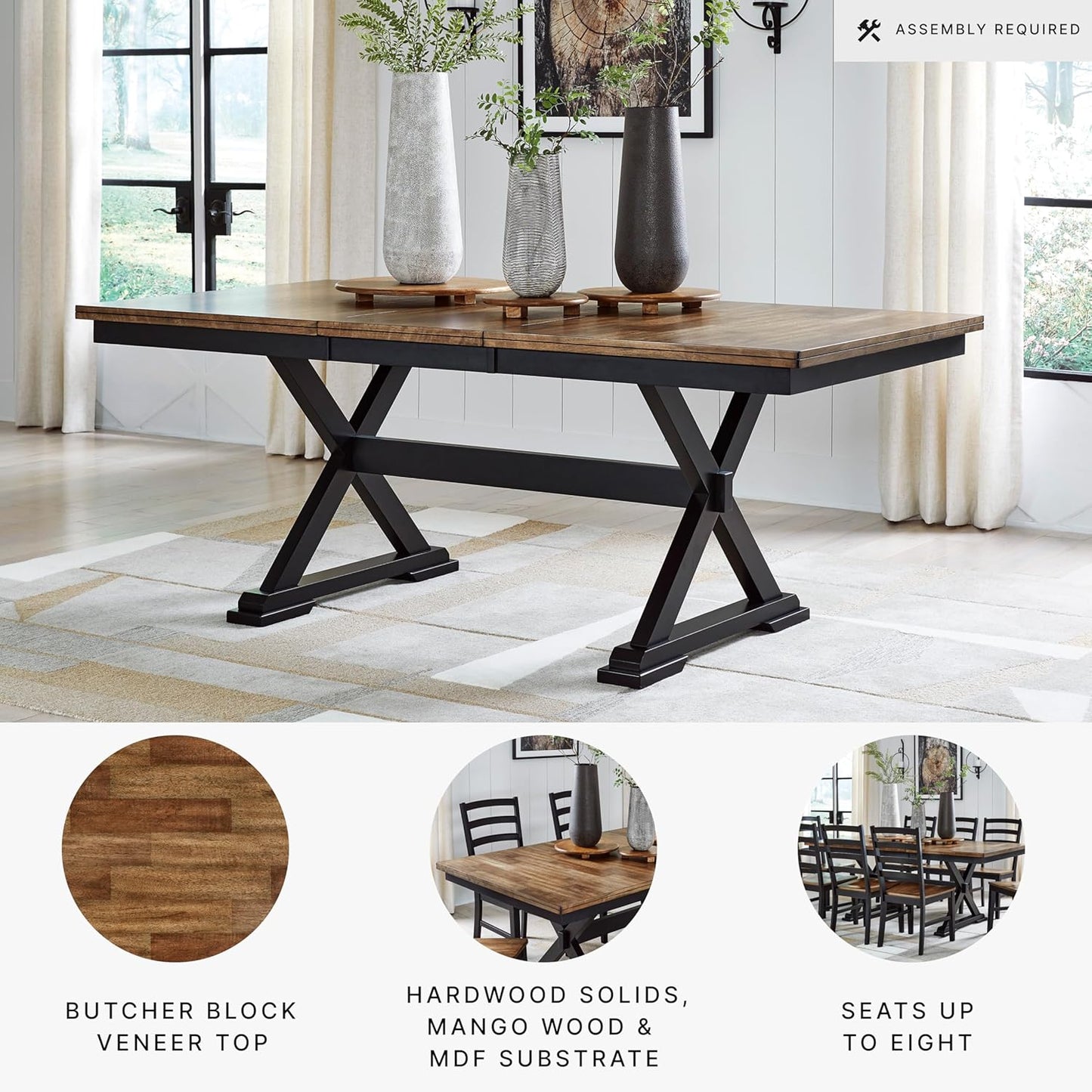 Signature Design by Ashley Wildenauer Farmhouse Dining Extension Table with Self-Storing Butterfly Leaf for 6-8 People, Black & Dark Brown