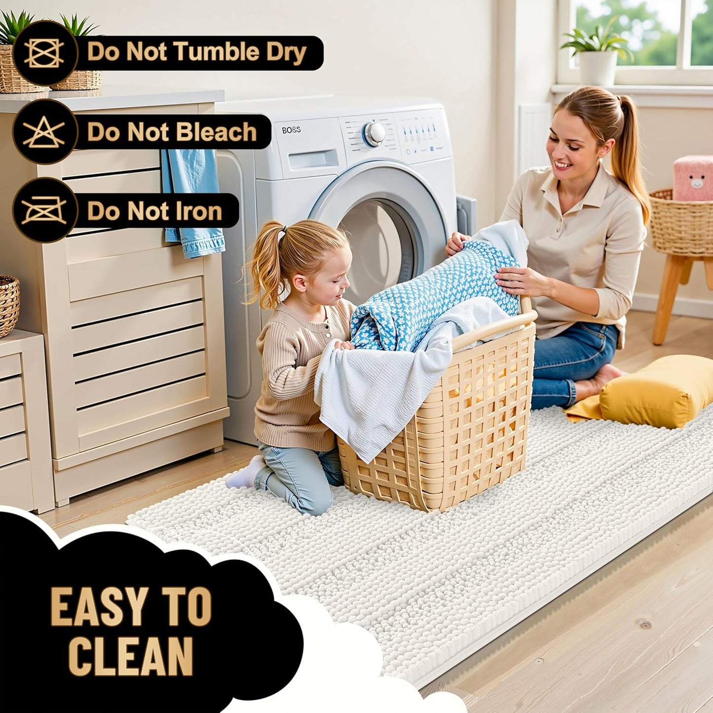 OLANLY Thick Bathroom Rugs 47x20, Extra Soft Absorbent Chenille Striped Bath Rugs, Rubber Backing, Machine Wash Dry, Bath Mats for Bathroom Floor, Tub and Shower, Home Decor Accessories, Ivory