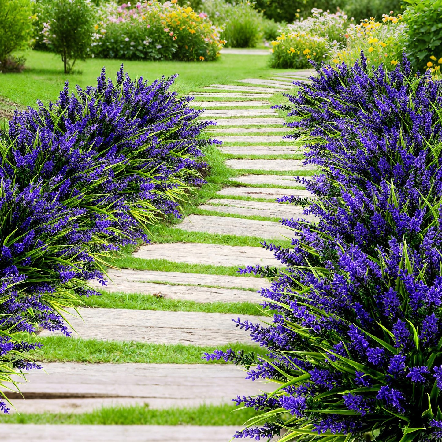 Geegoods Artificial Plants Flowers Outdoor – 24 Bundles UV Resistant Faux Lavender Flowers with Monkey Grass for Garden Porch Window Patio Hanging Planter Decor