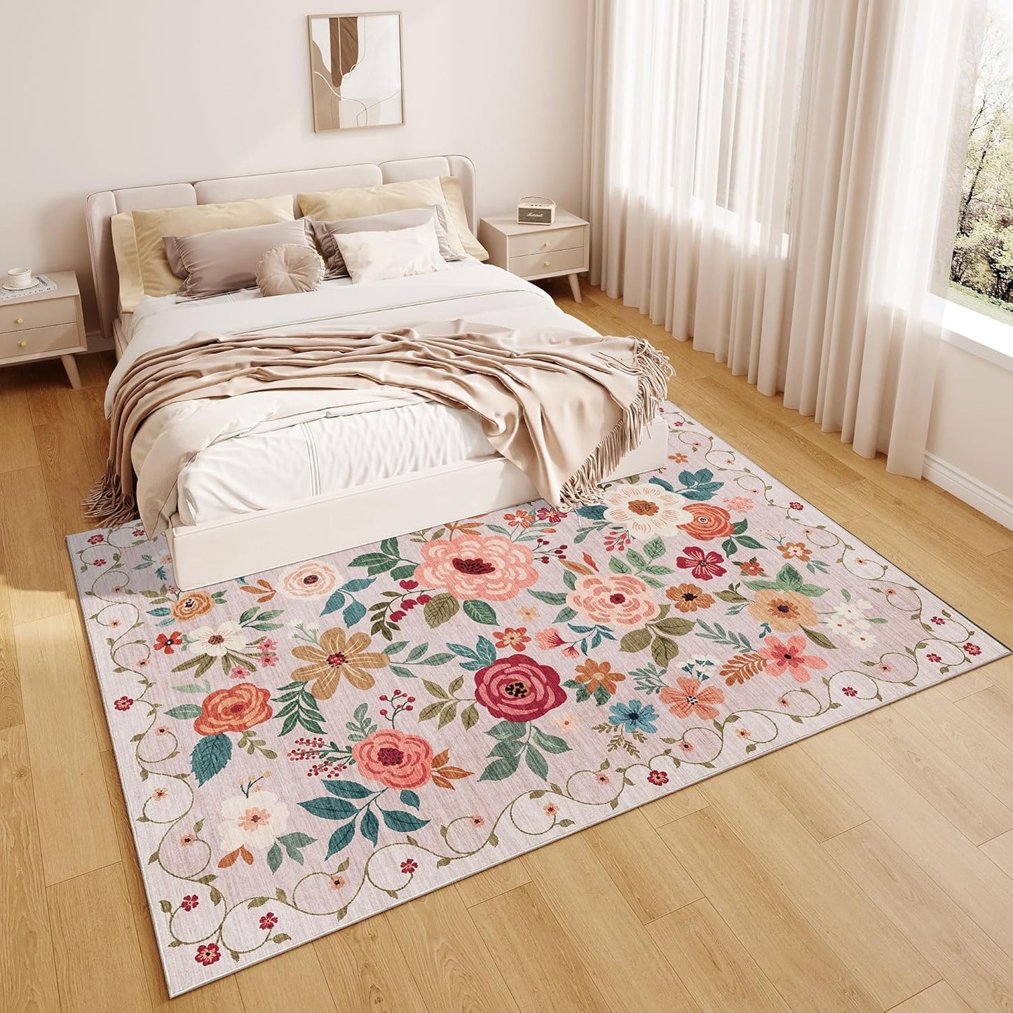 DUKINO 9x12 Area Rug, Floral Rugs for Living Room, Lightweight Non Slip Washable Rug, Indoor Low Pile & Non-Shedding Boho Design Rugs for Bedroom, Living Room, Dining Room, Beige