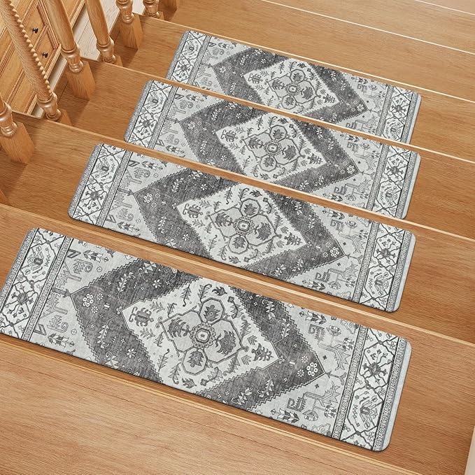 OJIA Extra Non-Slip Stair Treads for Wooden Steps, 30"X8" Indoor Stair Runners Slip Resistant Stair Rugs Safety Mats for Dogs, Kids & Elders, Rubber Backed Stair Treads Stair Covers (15PC, Gray)