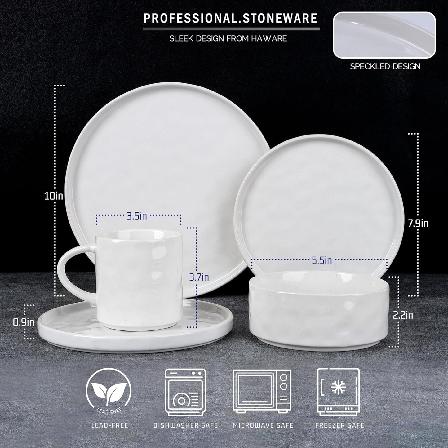 HaWare Dinnerware Sets, 16-Piece Stoneware Plates and Bowls Set, Elegant Ceramic Dish Set for 4, Chip and Scratch Resistant, Microwave and Dishwasher Safe, Speckled White