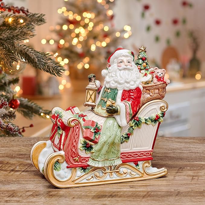 Fitz and Floyd Santa Crimson Holiday Ceramic Cookie Jar, Christmas Treat Kitchen Countertop Storage Jar with Removable Lid, 10 Inch