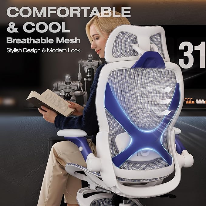 ELABEST X100 Ergonomic Mesh Office Chair with Footrest, Big and Tall Hone Desk Chair with 5D Flip-Up Arms, Adjustable 3D Lumbar Support,Gaming & Executive Computer Chairs for Long Hours