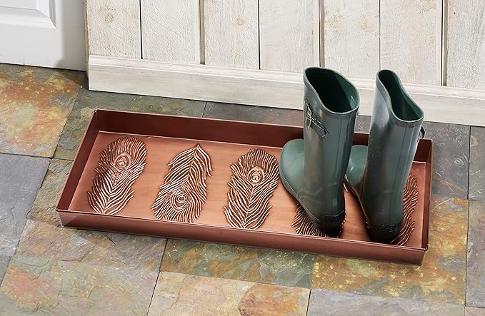 HF by LT Peacock Feather Pattern Metal Boot Tray, 30 x 13 inches, Antique Copper Finish