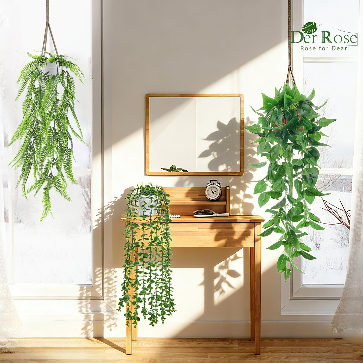 Der Rose 4Pcs Fake Plants Hanging Artificial Ivy Vine Faux Eucalyptus Hanging Plants, Boston Fern, String of Pearls for Living Room Bedroom Boho Wall Shelf Indoor Outdoor Decor (White Pots)