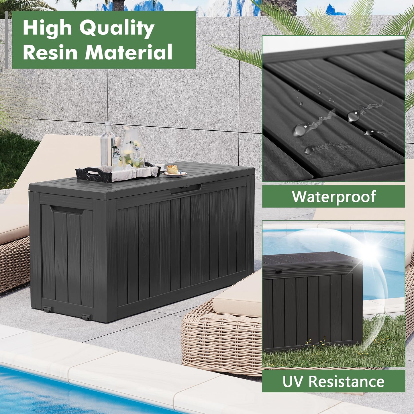 LHBGO 80 Gallon Deck Box Large Outdoor Storage Boxfor Patio Furniture,Outdoor Cushions, Garden Tools, Sports Equipment and Pool Supplies, Waterproof, Resin, Lockable