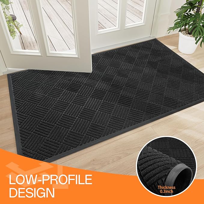 Indoor Outdoor Door Mat, 5’x 4' Doormat for Entryway, Rubber Backing Non Slip Front Door Mat Outside Entrance, Super Absorbent Commercial Floor Mat for Home Office, Black