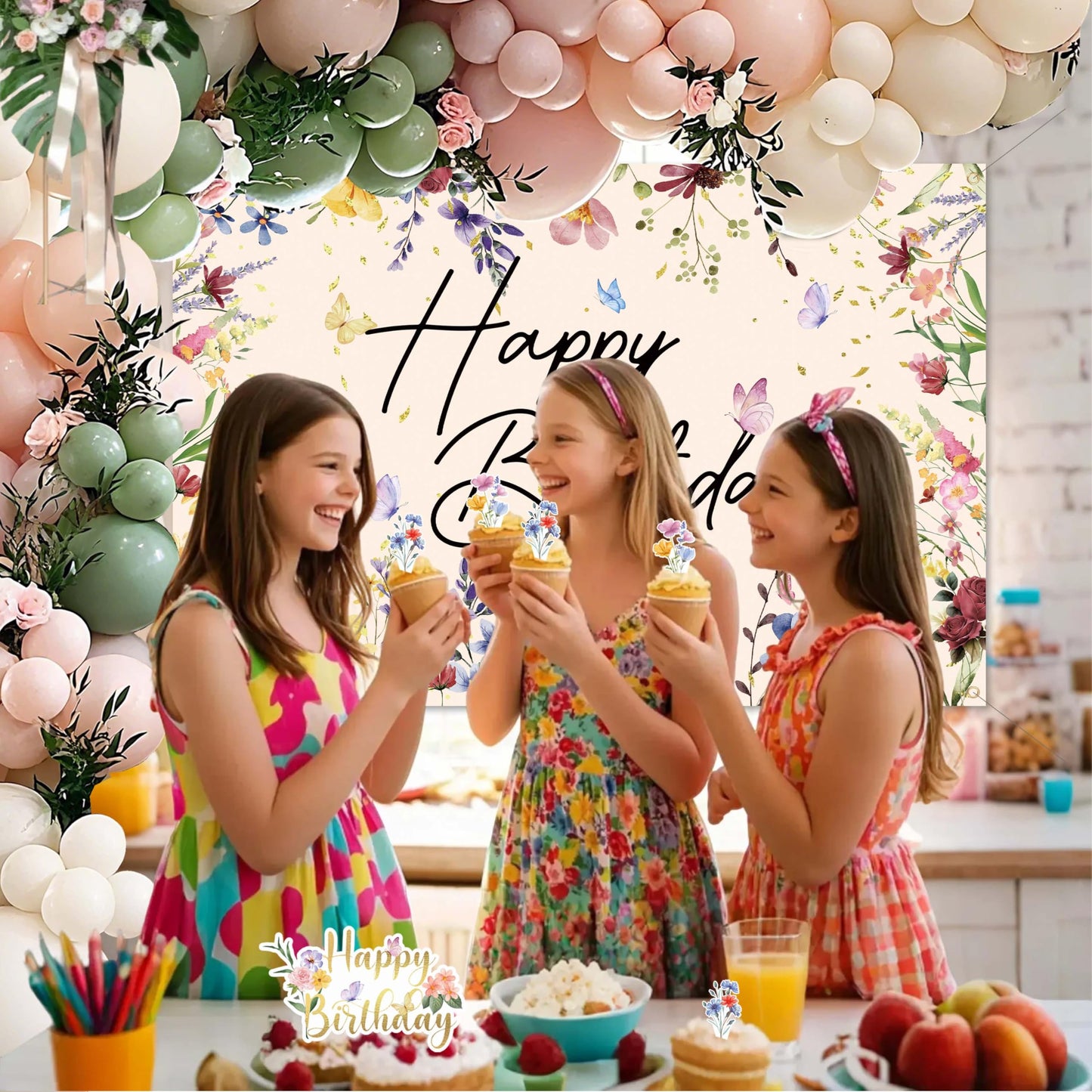 Wildflower Birthday Decorations for Women Girls, Sage Green Dusty Pink Balloon Arch Garland Kit with Floral Happy Birthday Backdrop, 12 Cupcake Toppers, Boho Spring Garden Party Supplies