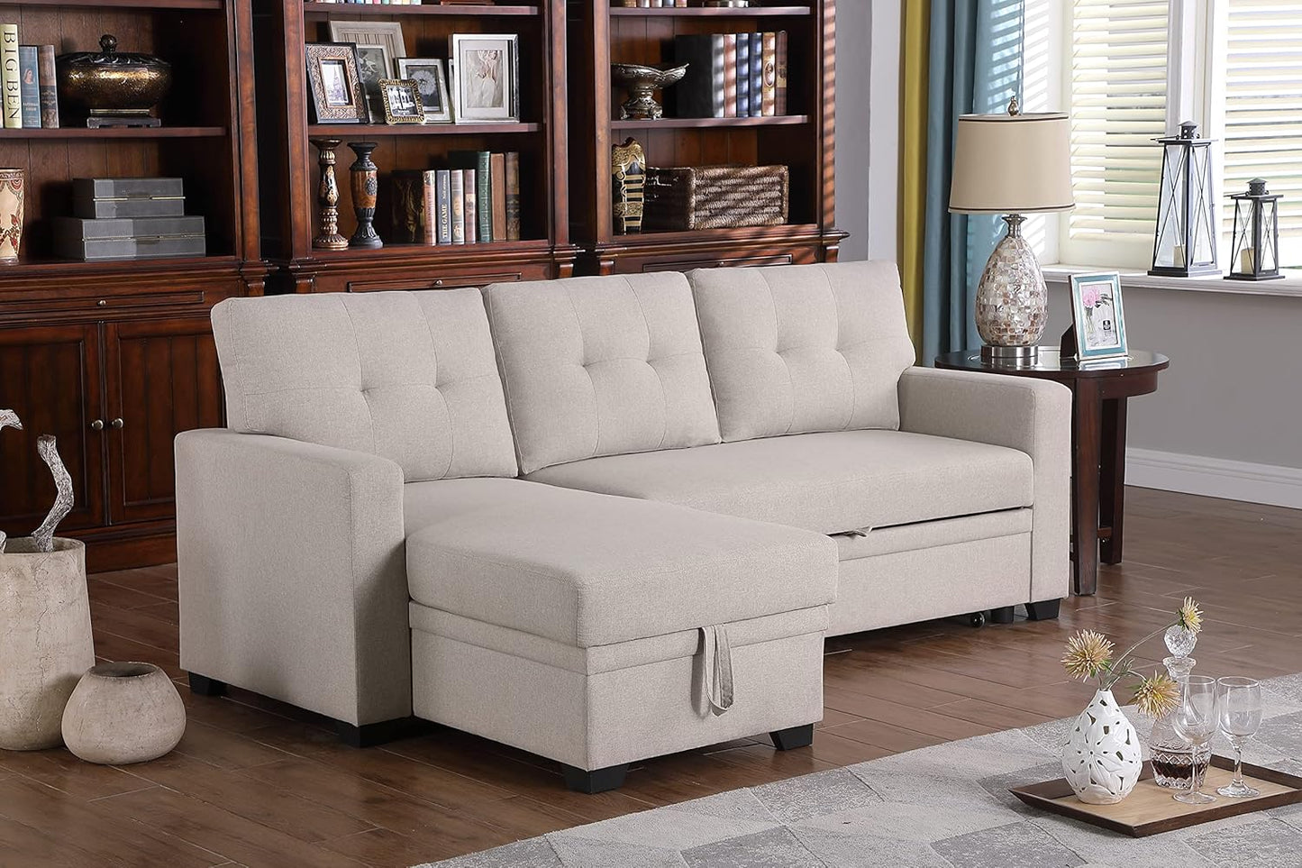 Devion Furniture Garisa 4-in-1 Convertible L Shaped Couch with Pull Out Bed and Storage, Sectional Sleeper Sofa with Reversible Chaise for Living Room, Apartment, Bedroom, Office
