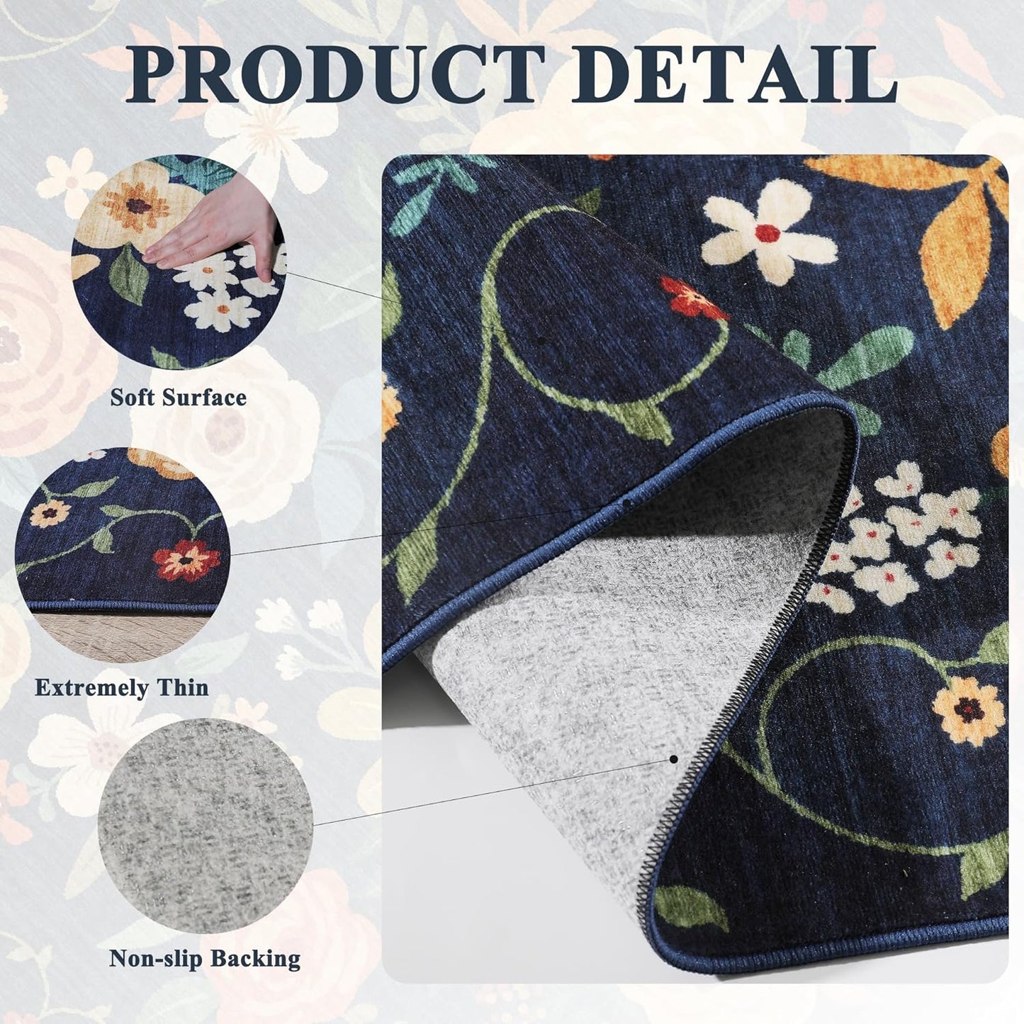 DUKINO 2x3 Rugs for Entryway, Floral Indoor Washable Door Mat, Non Slip Boho Small Rug for Kitchen, Soft Low Pile Front Door Throw Rug for Entrance, Bedroom, Kitchen, Laundry, Bathroom, Dark Blue