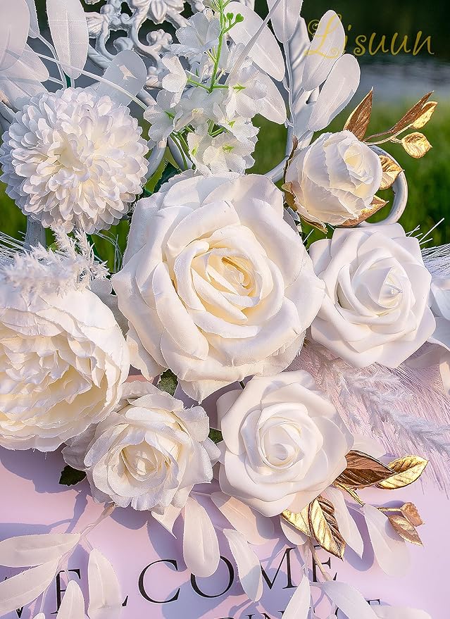 Wedding Arch Flowers, Artificial Floral Decor for Wedding Ceremony & Reception, Standard Size Large Flower Swag Set for Backdrop & Welcome Sign, Pack of 2 (White Pampas)