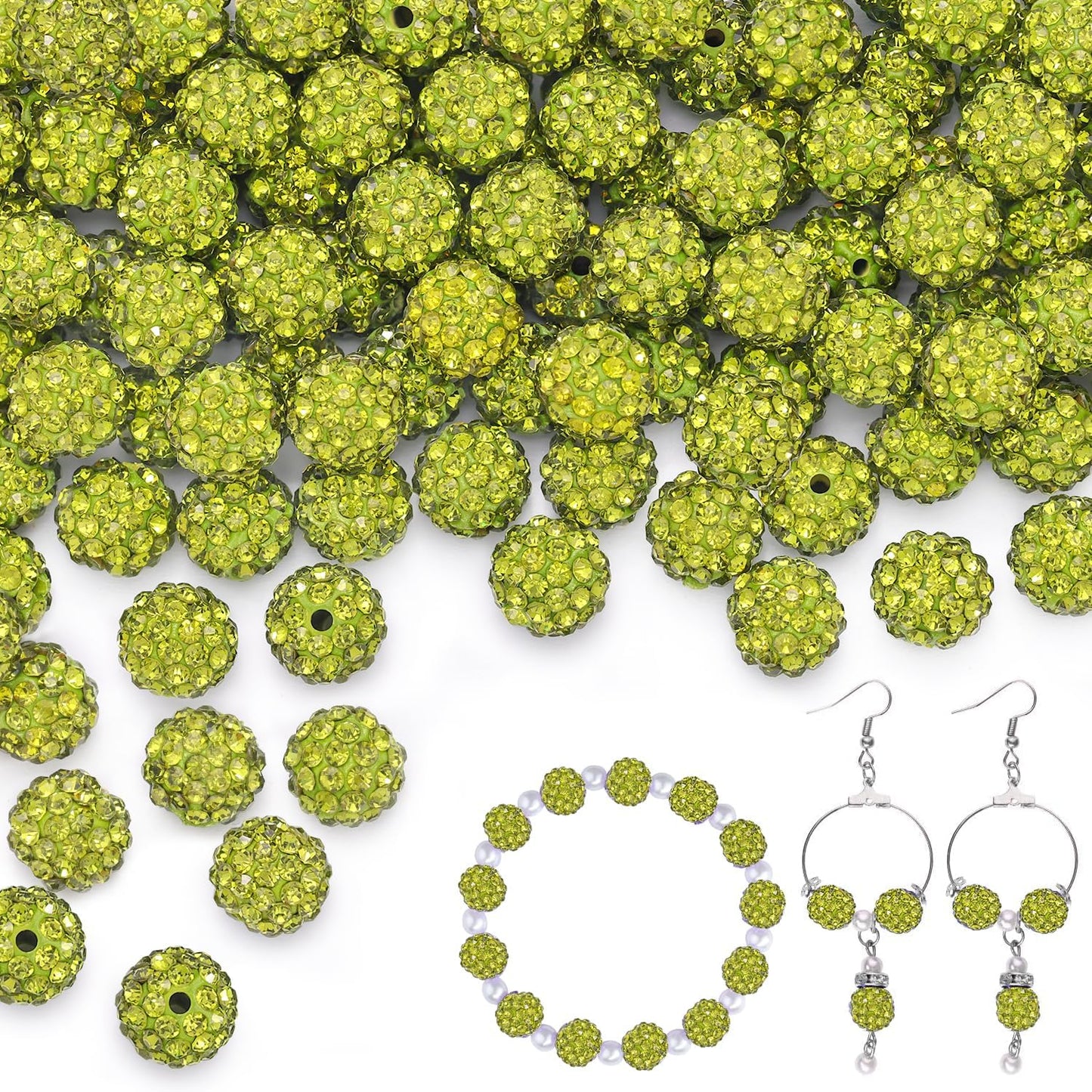 150 pcs 10mm Rhinestone Beads for Jewelry Making, Olivine Shiny Round Shamballa Disco Beads Bulk, Sparkle Crystal Clay Christmas for Bracelet Baseball Necklace Earring Crafting and DIY