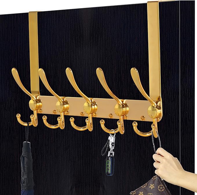 Dseap Over The Door Hook Hanger - 5 Tri Hooks, Heavy Duty Over The Door Towel Rack Coat Rack for Clothes Hat Towel, Gold, 2 Packs