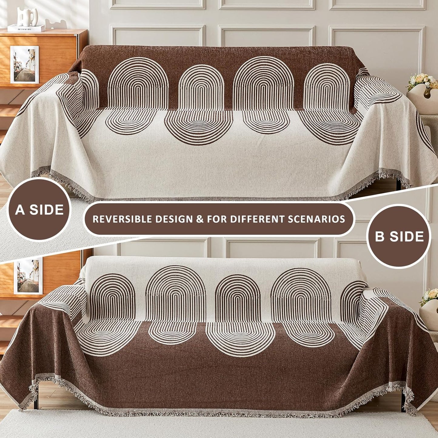STACYPIK Soft Boho Chenille Couch Cover for Pets Beige Khaki Sofa Cover for 3 Cushion Couch Non Slip Furniture Protector with Tassels Geometric Couch Cover L Shaped Pet Friendly Washable-71x134IN