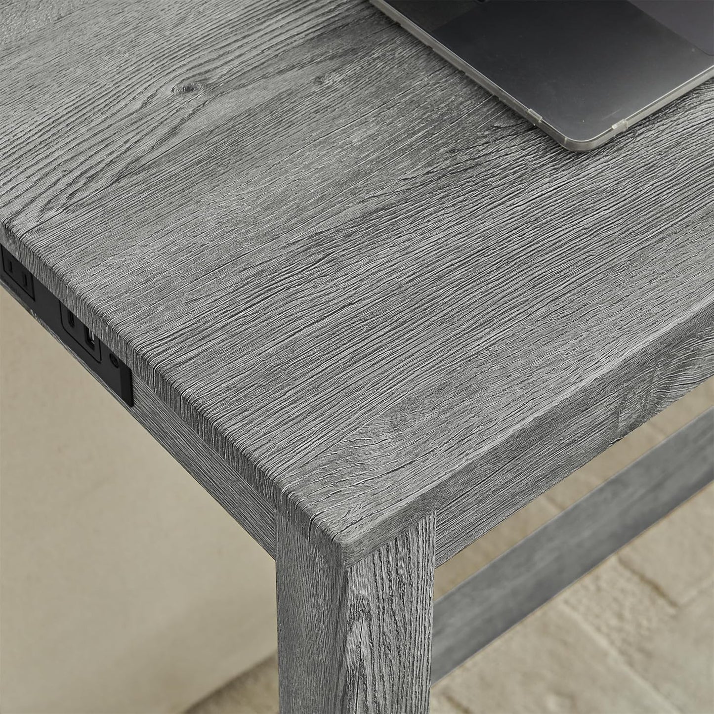 KEIKI 4-Piece Bar Table Set with Charging Station - 59" Industrial Kitchen Table & 3 Upholstered Stools, USB/Type-C/AC Outlets, Solid Wood Frame - for Dining Room, Apartment, Living Room (Grey)