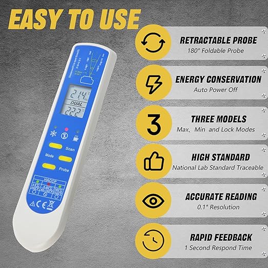 Instant Read Thermometer Waterproof Digital Meat Thermometer for Food with Bright LCD Screen 2 in 1 Infrared Thermograph with Meat Probe for BBQ Grilling Cooking Baking Kitchen (Model AMT206)