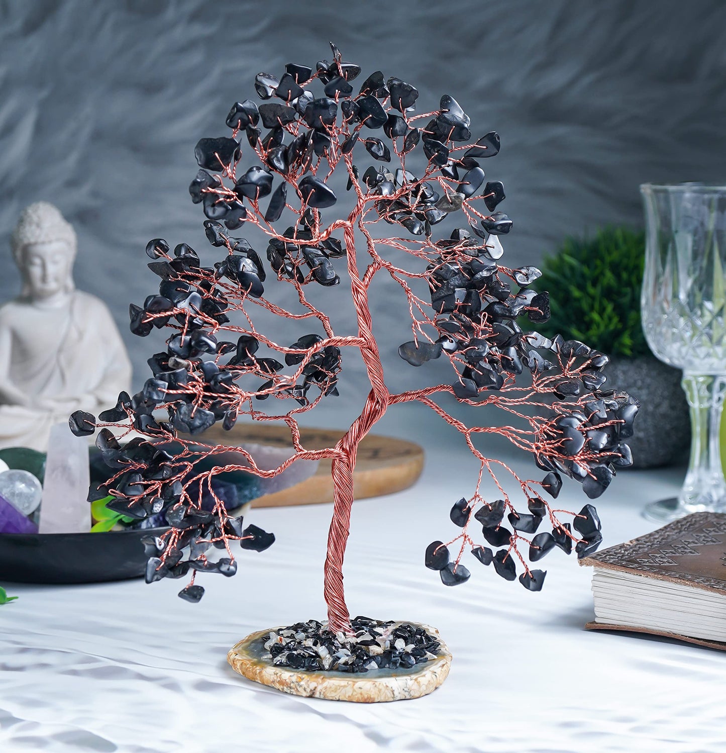 Crocon® Black Tourmaline Gemstone Tree Geode Agate Slice Base, Handmade Crystal Tree for Positive Energy, Attract Good Luck, Chakra Tree of Life, Black Healing Stone for Root Chakra, Meditation Gift