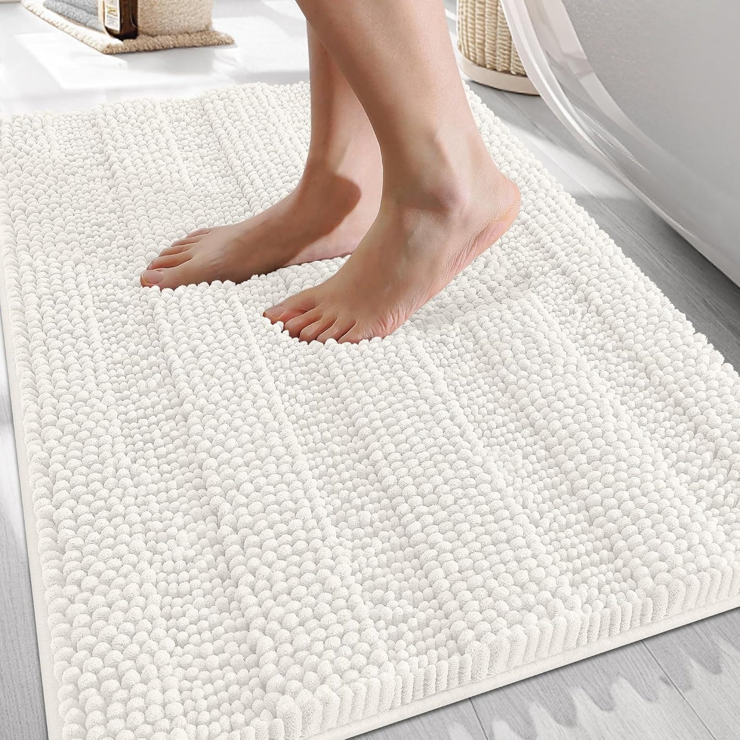 OLANLY Thick Bathroom Rugs 30x20, Extra Soft Absorbent Chenille Striped Bath Rugs, Rubber Backing, Machine Wash Dry, Bath Mats for Bathroom Floor, Tub and Shower, Home Decor Accessories, Ivory