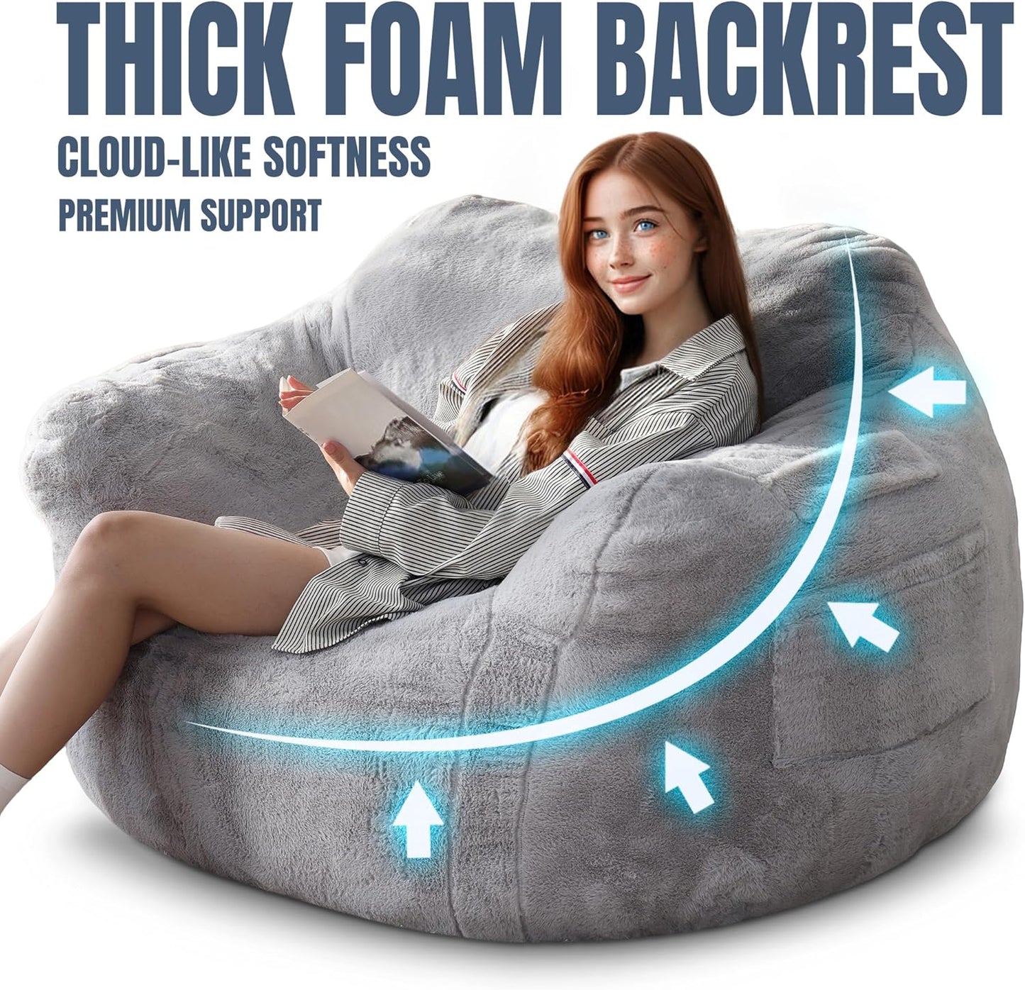 Large Bean Bag Chairs for Adults - Oversized Memory Foam Filled Bean Bag Sofa | Fluffy Adult Bean Bag Chair, Big Bean Bag Chairs for Living Room, Bedroom & Dorm - Gray