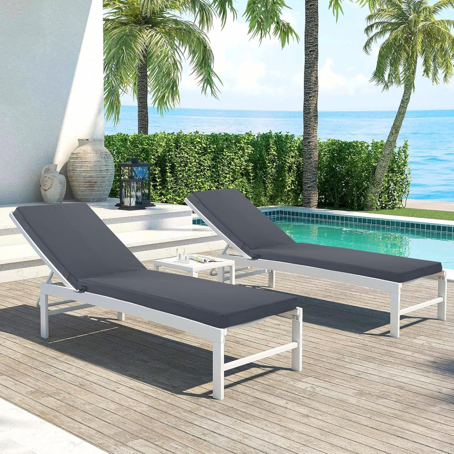 Chaise Lounge Cushions Outdoor Set of 2 - Waterproof and Fade Resistant Sun Lounger Replacement Cushions - Patio Lounger Pads with Removable Cover for Pool, Deck, 80 x 26 x 3 Inch, Dark Grey