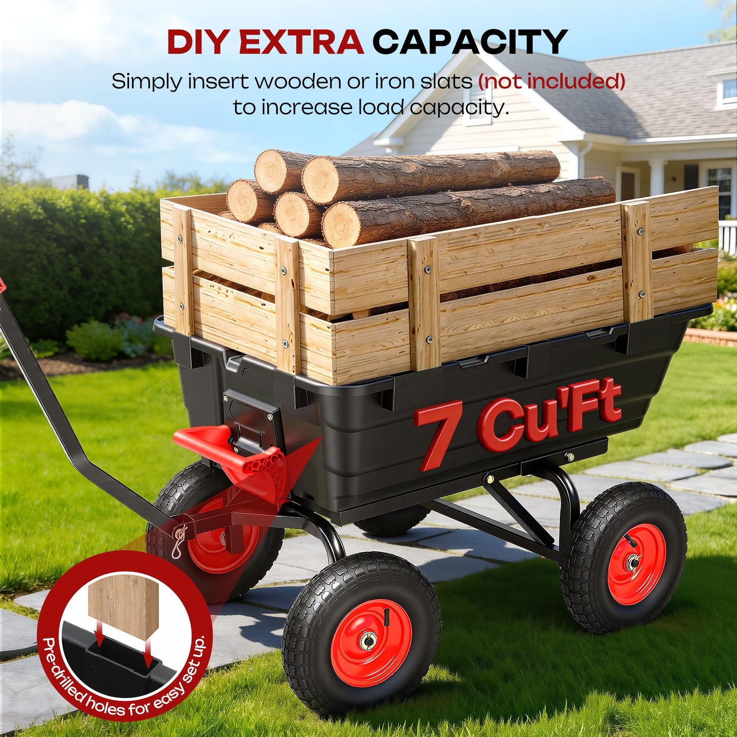 Autodaya 1200lbs Garden Dump Cart,7 Cu.Ft Utility Wagon Cart with Hitch,Heavy Duty Yard Dump Wagon Wheelbarrows with 13" All Terrain Wheels & 2-in-1 Handle,Tow Behind for Lawn Mower Tractor ATV