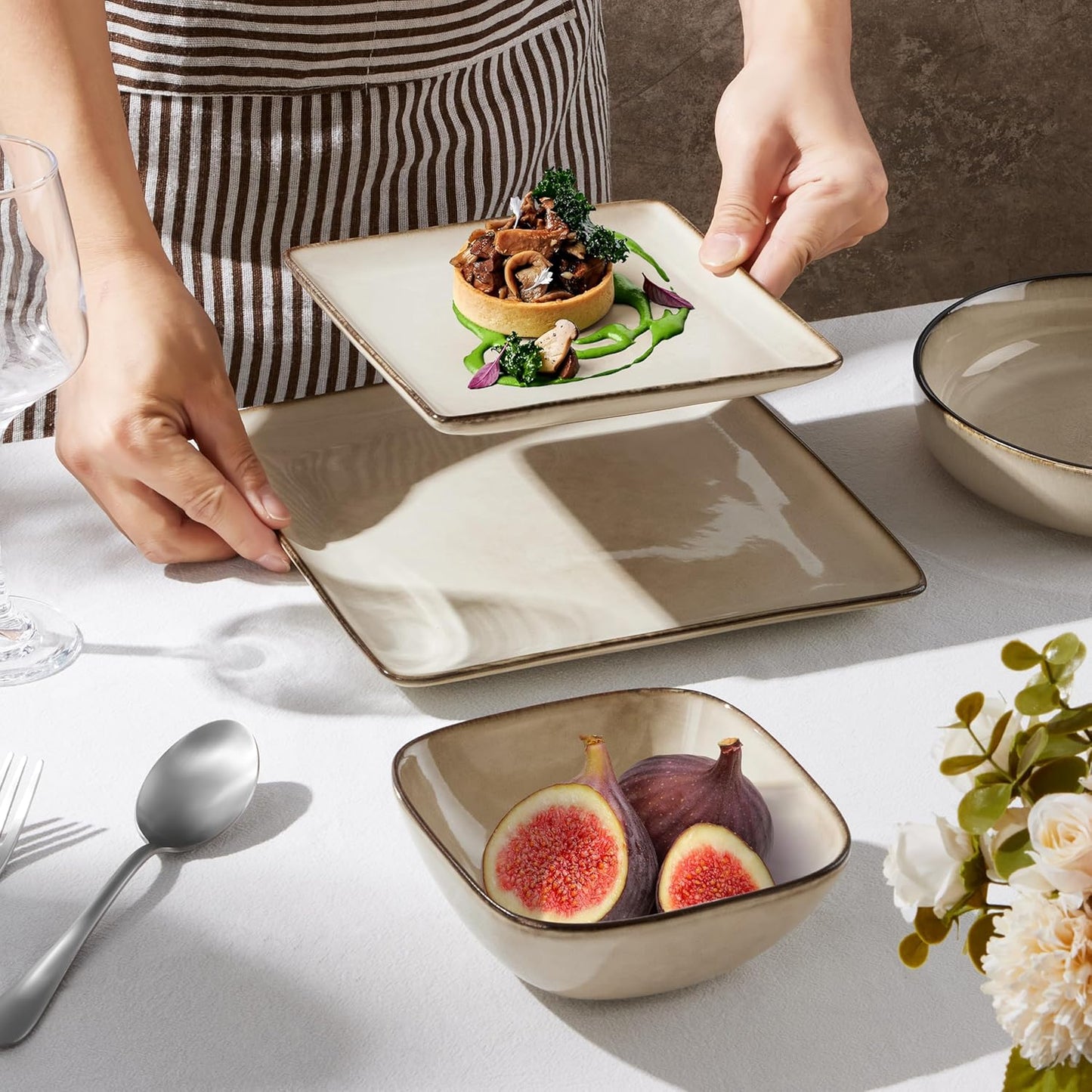 E-far Square Plates and Bowls Sets, 12-Piece Stoneware Dinnerware Sets for 4, Reactive Glaze Dish Set, Chip and Scratch Resistant, Microwave and Dishwasher Safe, Sandy Beige