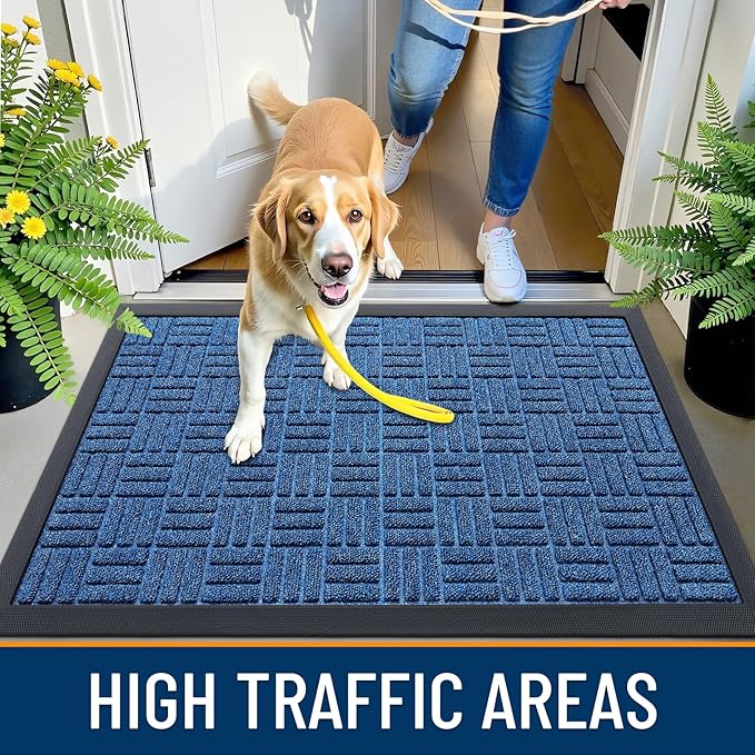 OLANLY Front Door Mat Outside Entrance 59x34, Absorbent, Heavy Duty Sturdy Natural Rubber Doormat Indoor Outdoor, Non-Slip, Stain and Fade Resistant, Low Profile Floor Mat for Entryway, Ocean Blue