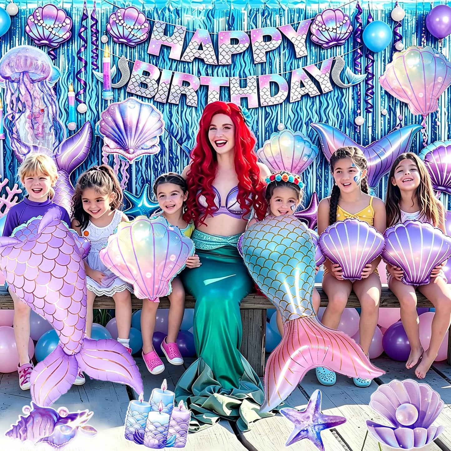 Mermaid Birthday Party Decorations, Under the Sea Party Supplies with Light Blue Wavy Tinsel Curtain, Happy Birthday Banner, Hanging Swirls,Shell Tail Foil Balloons for Girls Birthday