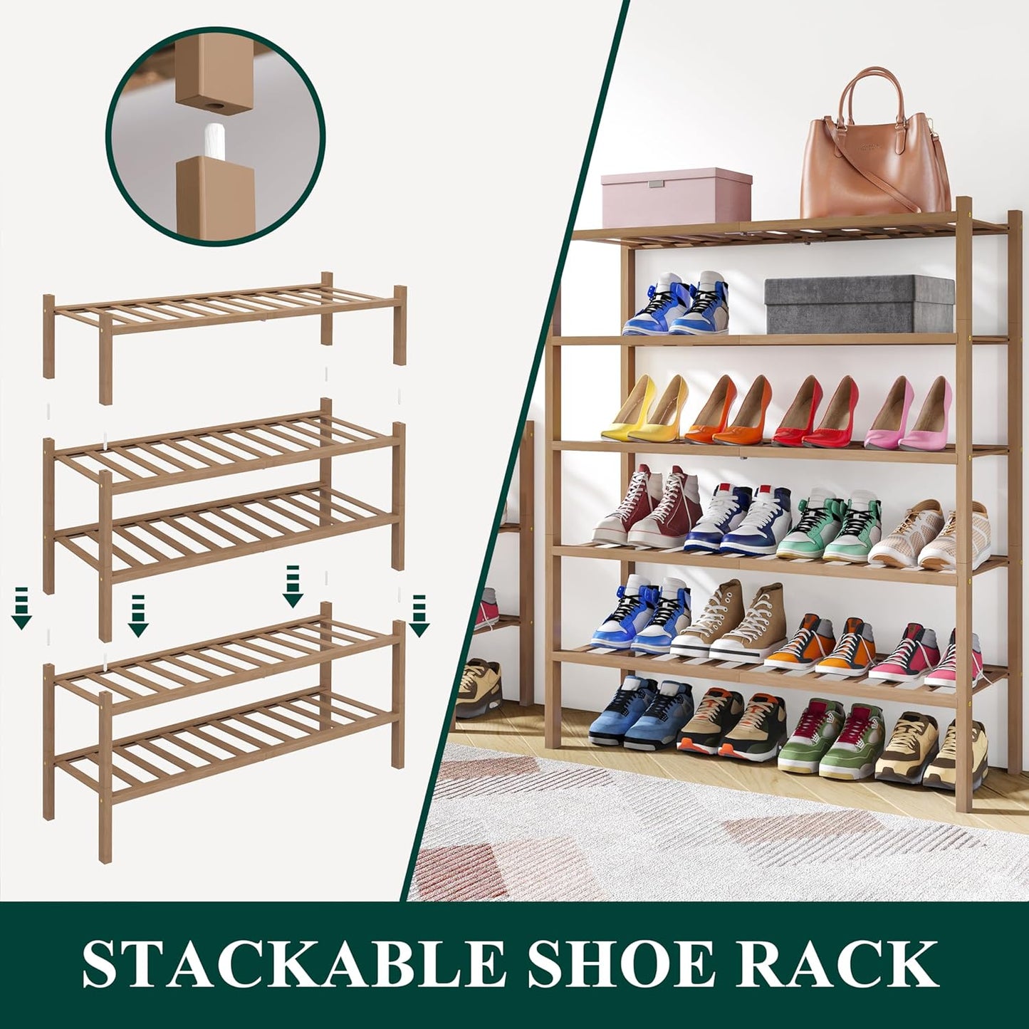 Smiry Shoe Rack, 5 Tier Thick Bamboo Shoe Organizer, Stackable Free Standing Wooden Shoe Storage Shelf for Closet, Entryway, Front Door Entrance, Walnut
