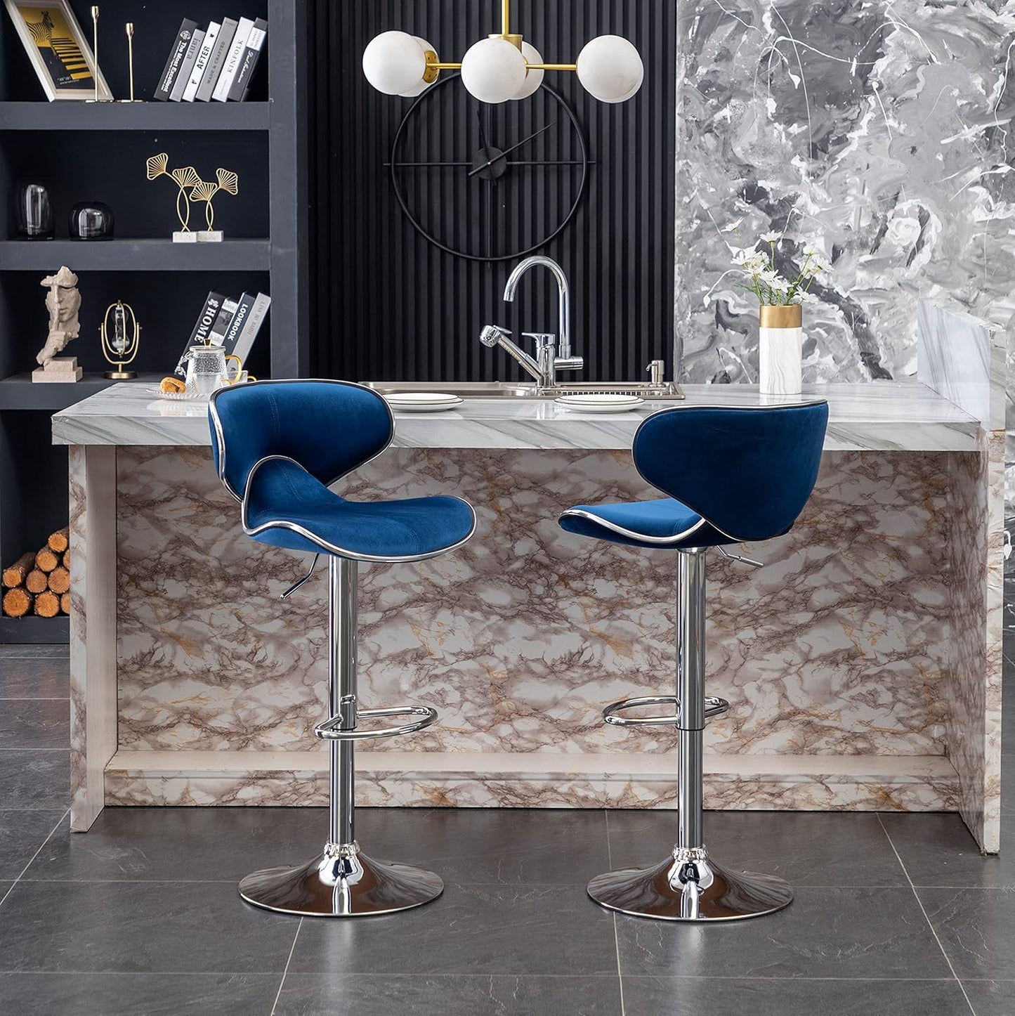 Roundhill Furniture Masaccio Velvet Upholstered Adjustable Swivel Barstool, Set of 2, Blue