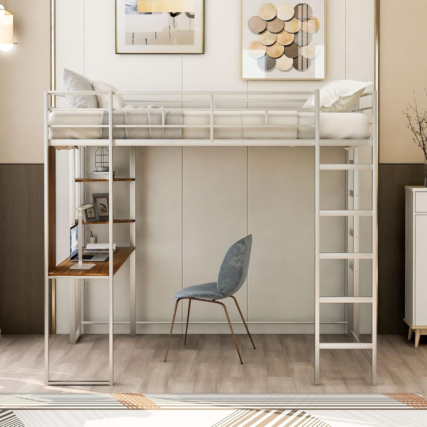 Full Size Metal Loft Bed with 2 Storage Shelves and 1 Desk,Steel Structure Bed Frame W/ 2 Build-in Ladders & Full-Length Guardrails,No Box Spring Needed,for Kids Teens Adults,Silver