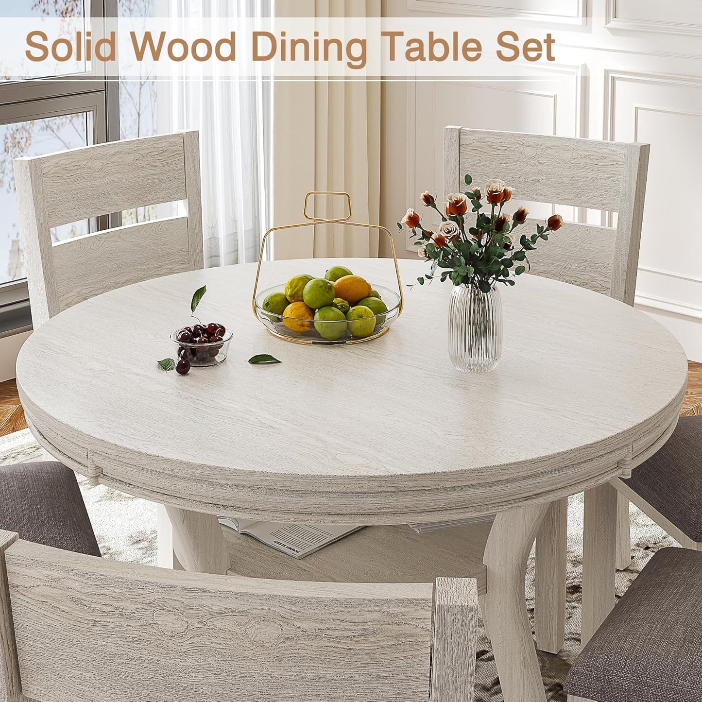 5-Piece Solid Wood Dining Table Set for 4, Round Kitchen Table Set with 4 Upholstered Chairs, Farmhouse Dining Sets for Kitchen, Dining Room, Rustic Grey
