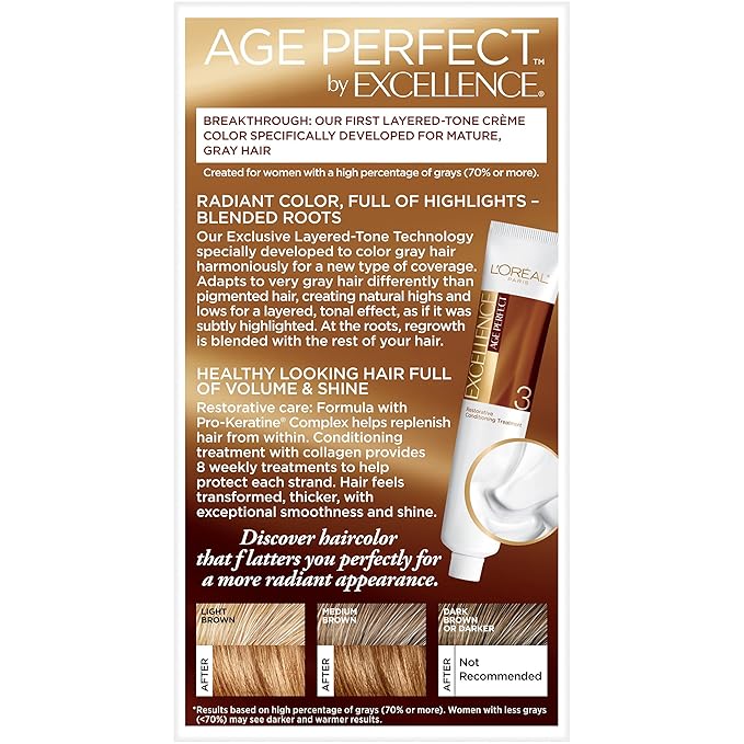 L'Oreal Paris ExcellenceAge Perfect Layered Tone Flattering Color, 6N Light Soft Golden Brown (Packaging May Vary)