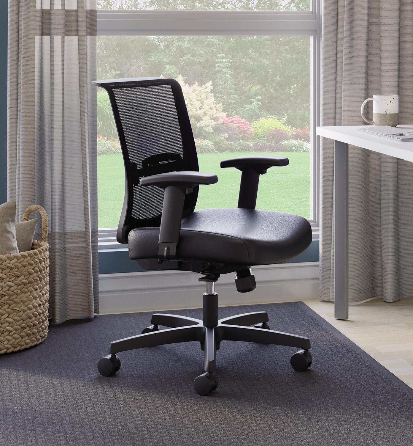 HON Convergence Ergonomic Office Chair, Breathable Back Support Mesh, Adjustable Arms, Computer Chair with Lumbar Support, Rolling Swivel Wheels, Comfortable Synchro-Tilt Recline, Vinyl, Black