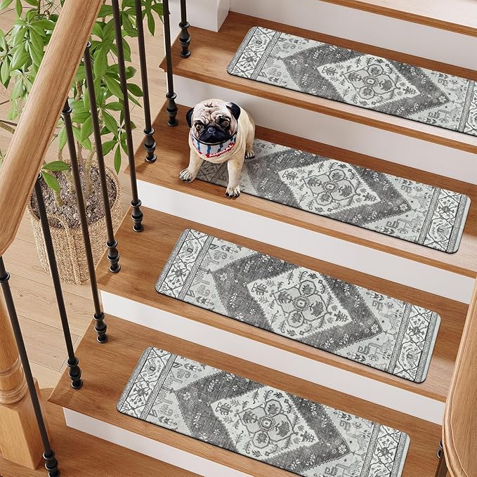 OJIA Extra Non-Slip Stair Treads for Wooden Steps, 30"X8" Indoor Stair Runners Slip Resistant Stair Rugs Safety Mats for Dogs, Kids & Elders, Rubber Backed Stair Treads Stair Covers (15PC, Gray)
