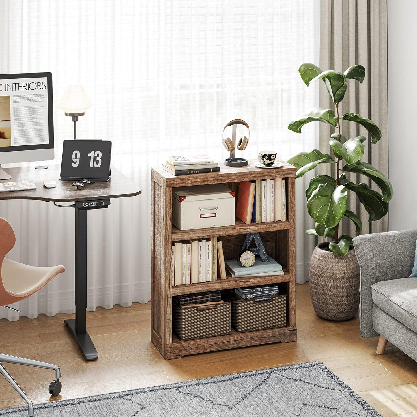 LINSY HOME 3-Tier Bookcase Display Storage Shelves Farmhouse Bookshelf for Home Office, Living Room, Bed Room - Dark Brown
