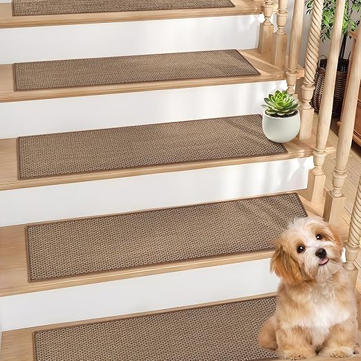 Natural Linen Stair Treads for Wooden Steps, 4 Pcs 8" x 30",Non Slip Stair Runner, Peel and Stick Carpet Indoor for Kids Elders and Pets (4, Brown, 8" x 30")