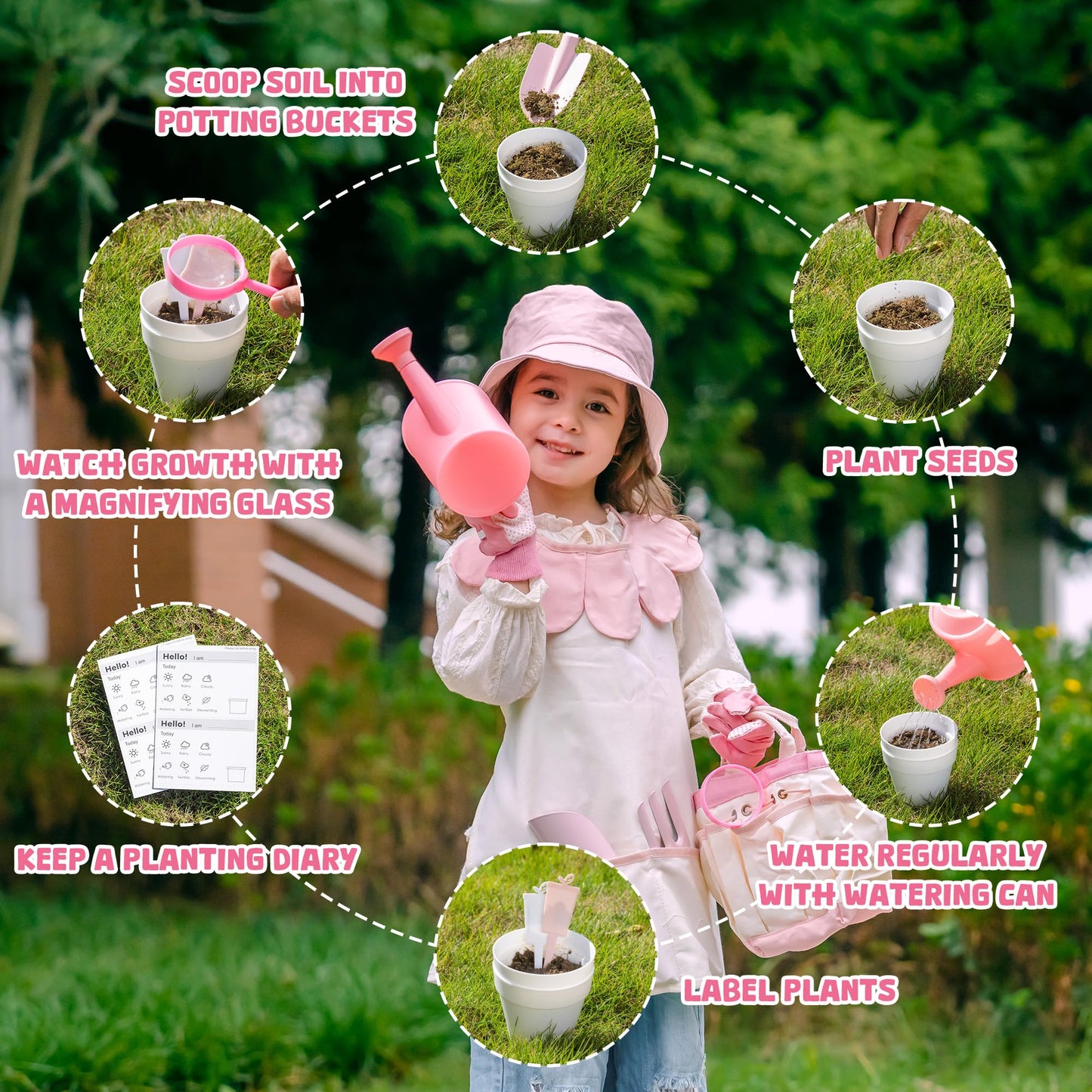 ROBUD Kid Gardening Set, Wooden Garden Tool for Kid, Garden Tool Kit with Tool Storage Bag, Apron, Gloves, Montessori Toys for Kids to be Closed to Nature, WRP51