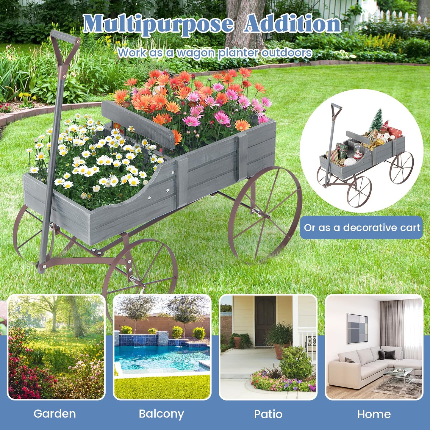 Giantex Decorative Garden Planter, Small Wagon Cart with Metal Wheels, Wood Raised Beds Plant Pot Stand for Backyard Garden Patio 24.5”Lx13.5”Wx24”H (Gray)