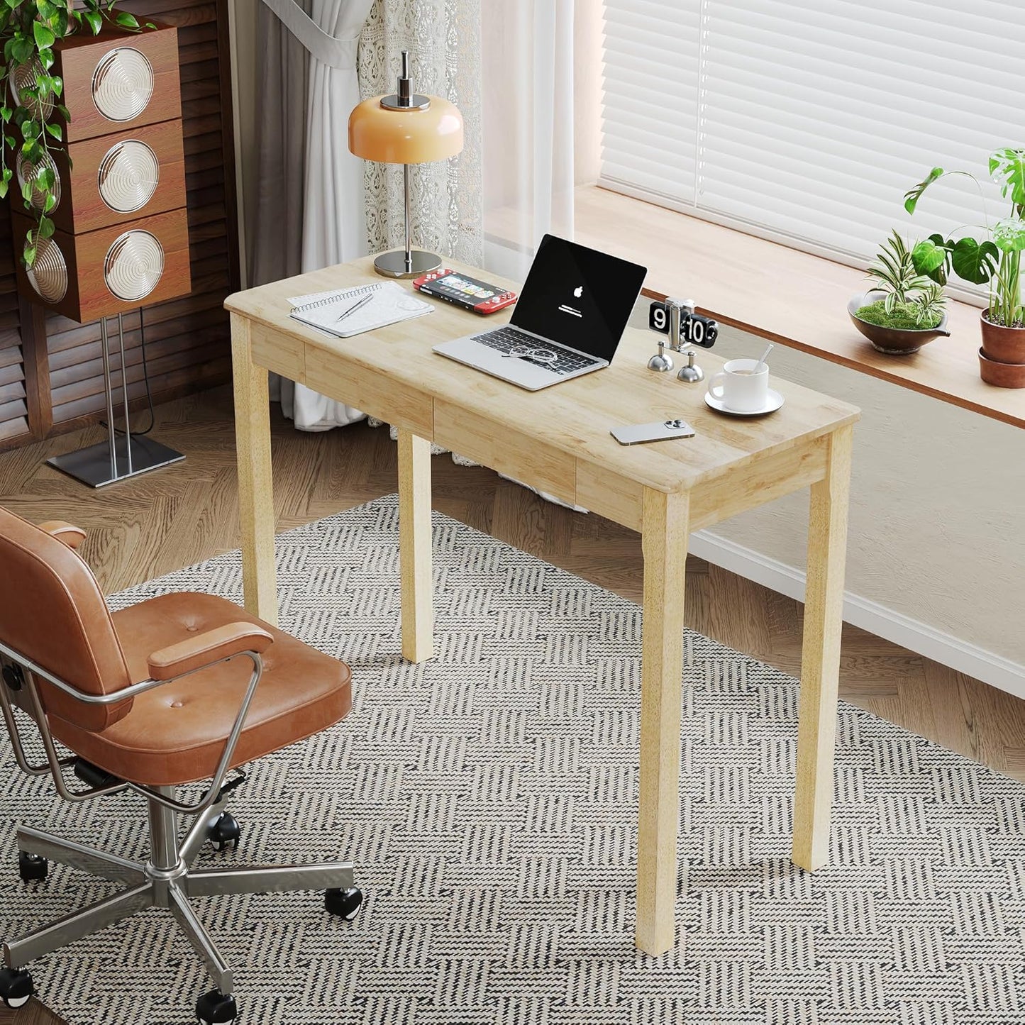 Solid Wood Desk with Drawers - 39 x 16 Inch Narrow Desks, Mid Century Modern Desks, Rubber Wood Study Table, Small Writing Desk for Bedroom|Small Spaces, Natural