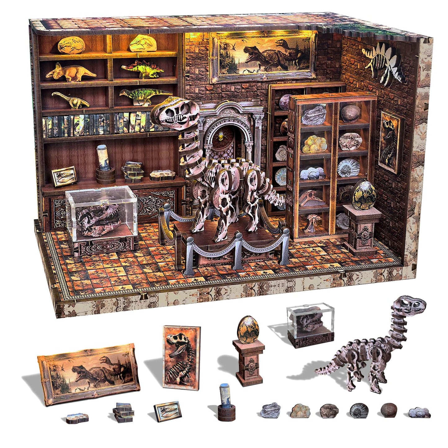 FLYINTOYS Book Nook Kit, DIY Miniature Dollhouse Booknook Kit for Adults and Teens, 3D Wooden Puzzle Bookshelf Crafts Kits with LED Light for Family and Friends (Dinosaur Research Institute)