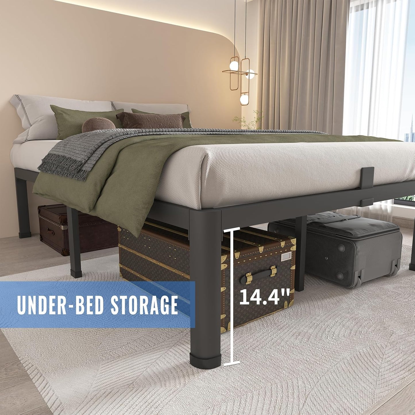 MAF 16 Inch Queen Bed Frames with Round Corner Legs Mattress Slide Stopper No Box Spring Needed Heavy Duty Metal Platform Bed Frame Under-Bed Storage Space, 3000 LBS Steel Slats Support
