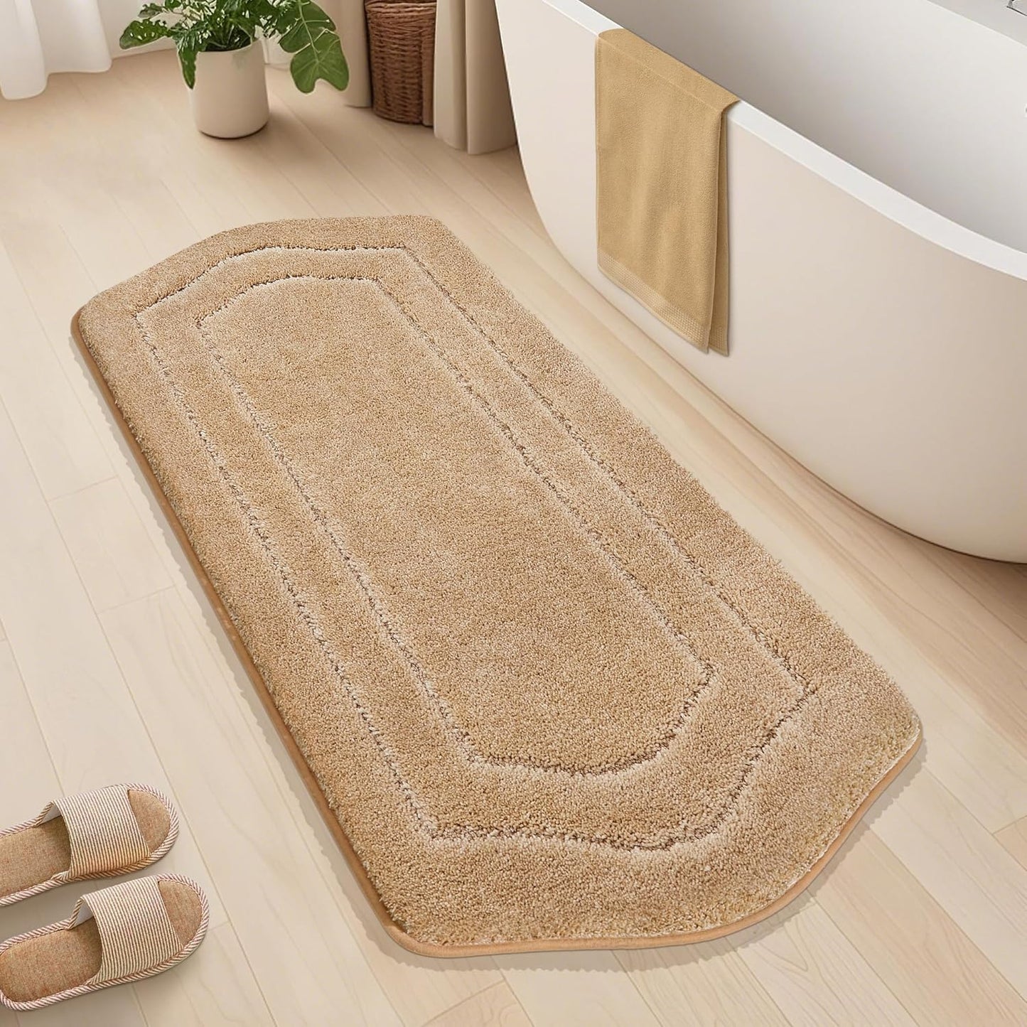 COSY HOMEER Bathroom Rugs Mat 24”x60” Absorbent Non-Slip Bath Mat, Plush Shaggy Bathroom Runner, Machine Washable Large Soft Bath Mats for Bath Floor,Tub and Shower,Beige