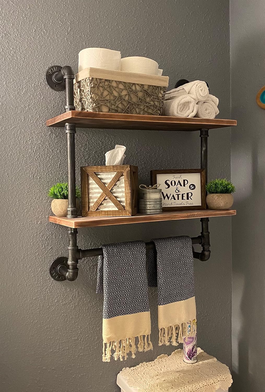 SSS Furniture Industrial Pipe Shelving Bathroom Floating Shelves Wall Mounted, 2 Tier 24 inch Rustic Wood Shelf with Towel Bar, Farmhouse Towel Rack Bathroom Shelf Over Toilet