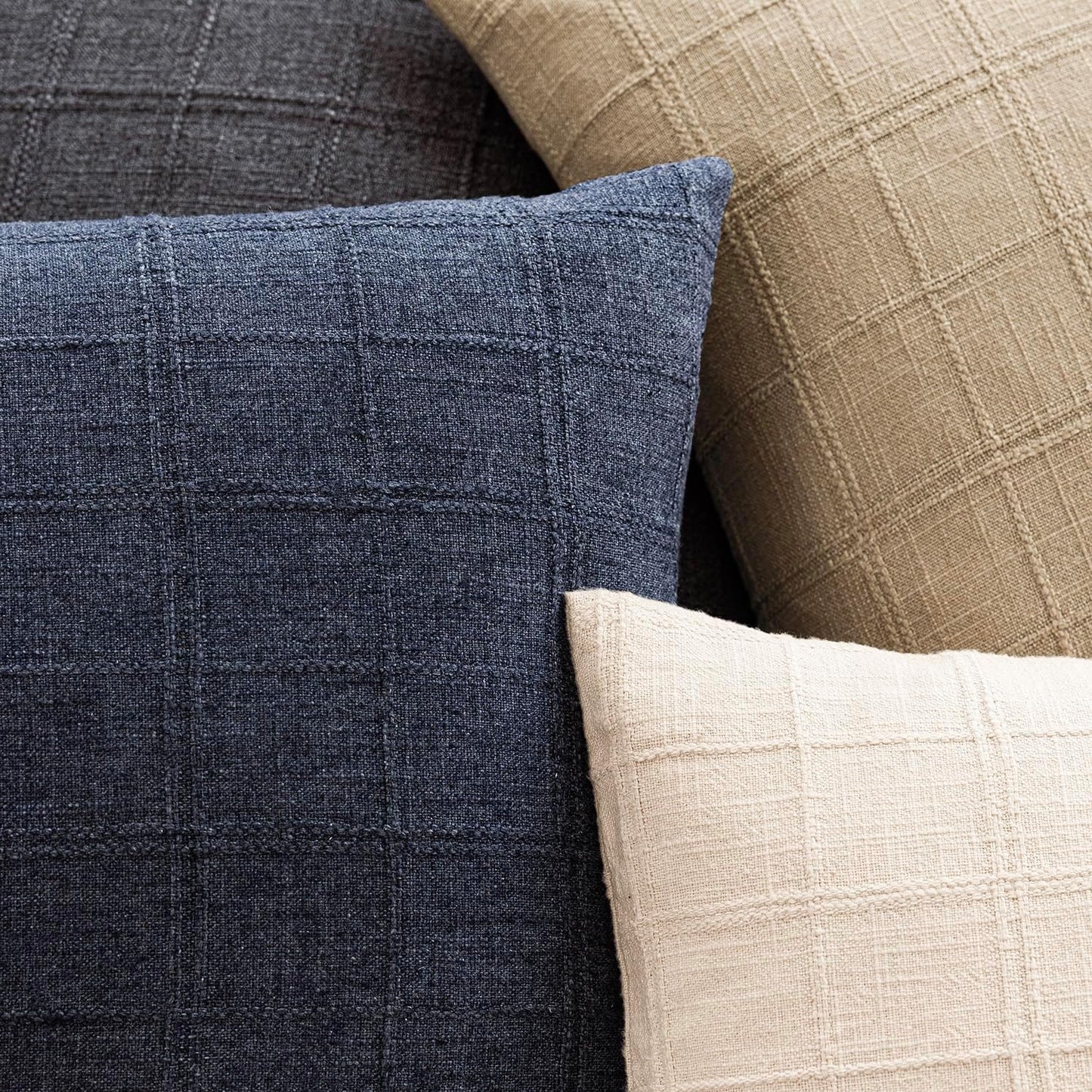Foindtower Set of 2 Decorative Linen Check Throw Pillow Covers Neutral Farmhouse Lumbar Cushion Covers Modern Boho Home Decor for Sofa Chair Couch Bedroom Living Room Outdoor,12×20 Inch,Navy Blue