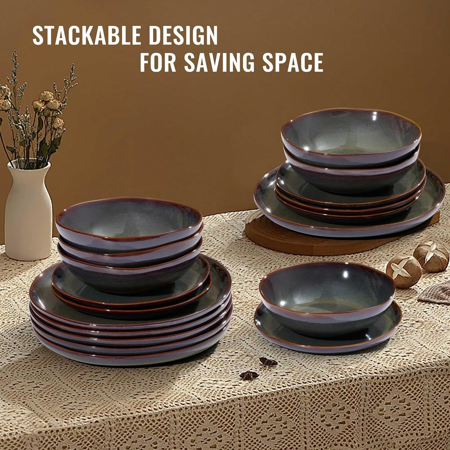 Herogo 18PCS Dinnerware Sets for 6, Stoneware Plates and Bowls Dish Set, Irregular Handmade Dinner Ware Dishware for Kitchen Dinning, Microwave & Dishwasher Safe, Lichen Green