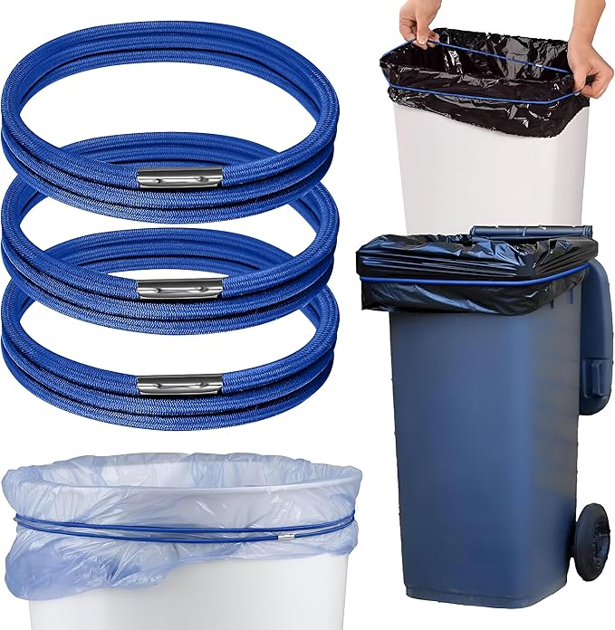 Trash Can Rubber Bands Set of 3 - Elastic Garbage Can Bands with Metal Connector, Fits 13 to 33 Gallon Trash Bags - Gripper Trash Can Bands for Waste Baskets, Blue