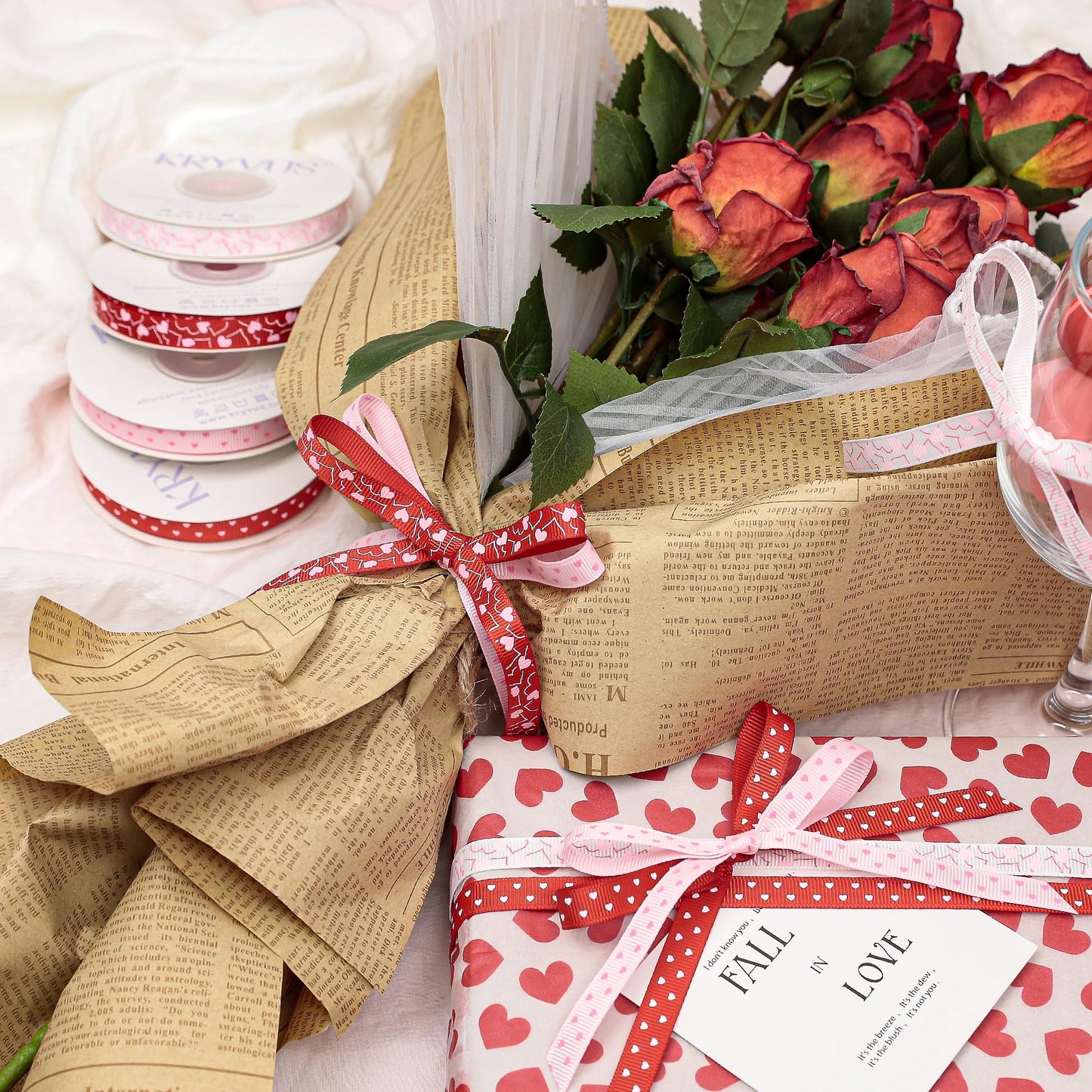 Kryvus Valentine's Day Ribbon Set - 4 Rolls Heart Printed Grosgrain Ribbon, 3/8 Inch x 60 Yards Total for Gift Wrapping, Crafts, Home Decor, Party Supplies (Red, White, Pink, Hot Pink)