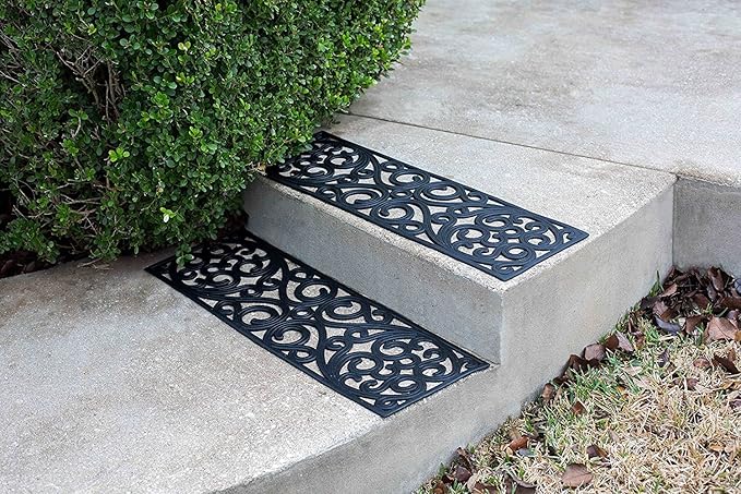 BIRDROCK HOME 10" x 30" Rubber Stair Mat with Scroll Design | Tread Mat | Keeps Your Floors Clean | Outdoor Doormat | Decorative Design (2 Pack)